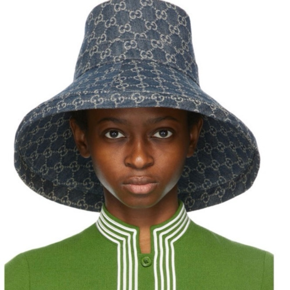Denim Monogram Bucket Hat w Wide Large Brim Trim Jacquard Sun Coverage Navy Blue - Picture 7 of 16